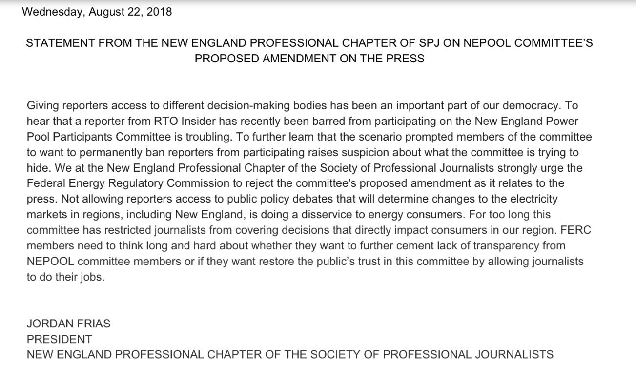 SPJNE responds to NEPOOL committee’s proposed press ban Announcements